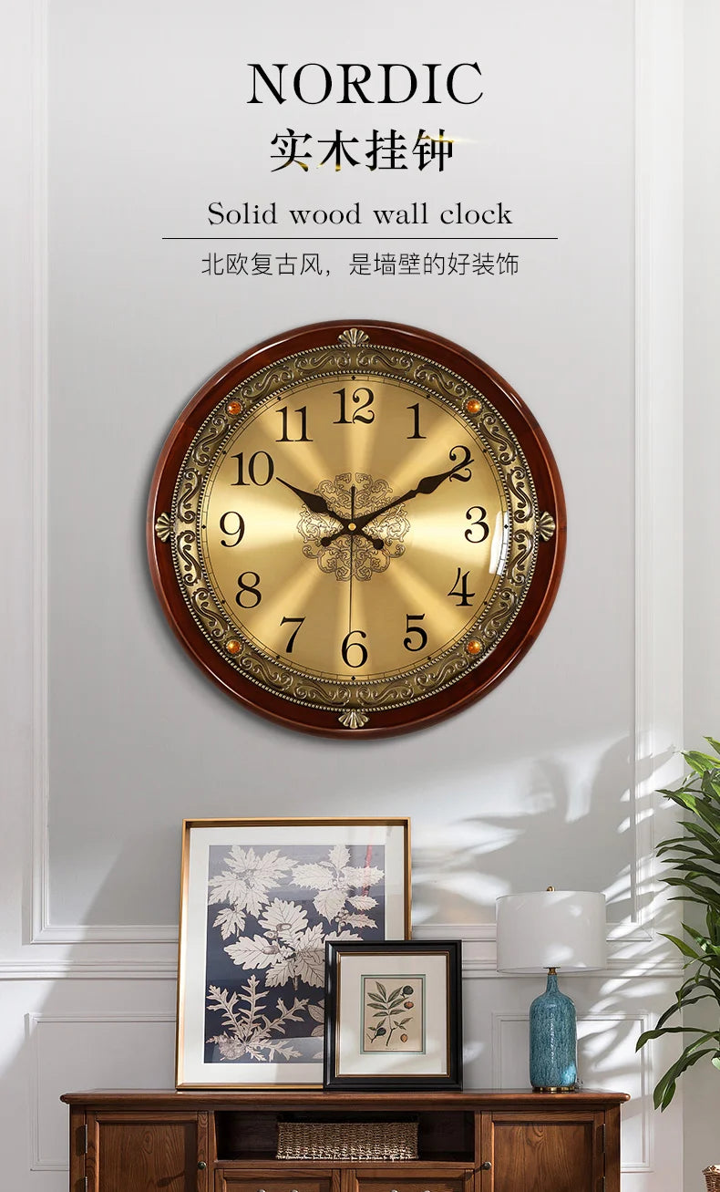 Luxury Wood Wall Clock Metal Retro Nordic American Style Gold Silent Wall Clocks Bedroom Shabby Chic Living Room Horloge Gift