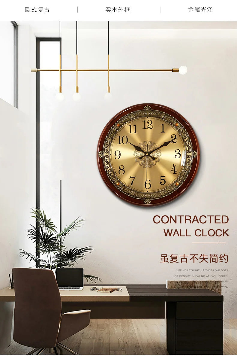 Luxury Wood Wall Clock Metal Retro Nordic American Style Gold Silent Wall Clocks Bedroom Shabby Chic Living Room Horloge Gift