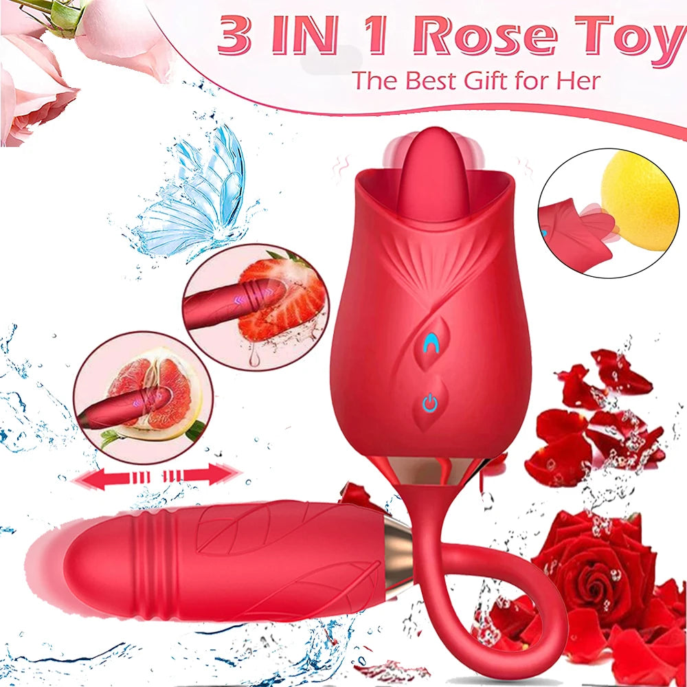 3-in-1 female masturbation rose sex toy Clit Clintoris G-point thrust Dildo oral sex vibrator G-point stimulation licking erotic